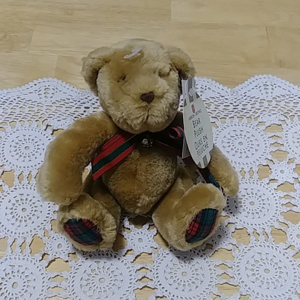 American Greetings brown, soft teddy bear with plaid accents